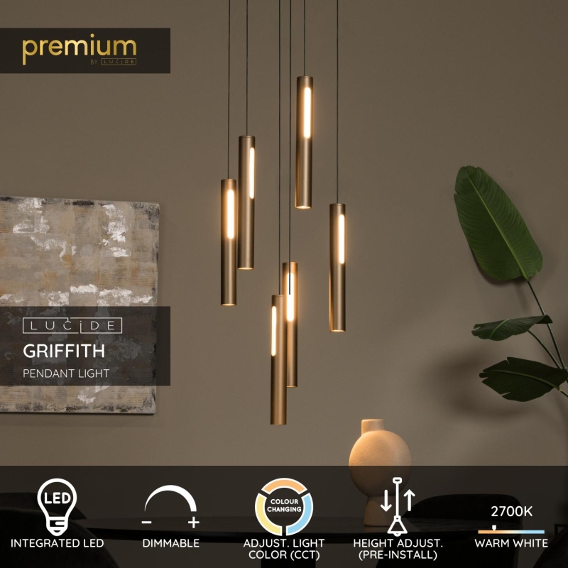 Lucide GRIFFITH - Závesné svietidlo - Ø 38 cm - LED Rozm. - 6x7,6W 2700K/4000K - Bronz